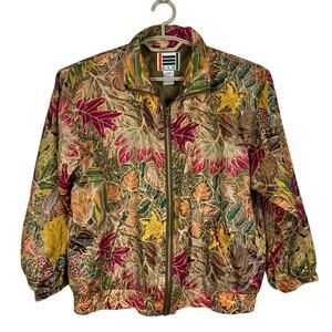 Vintage EVR 100% silk bomber jacket Petite Medium pockets leaf autumn floral